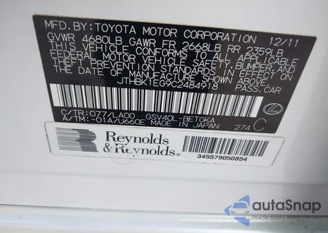 2012 Lexus Es 350 z USA, uszkodzony, nr VIN JTHBK1EG9C2484918